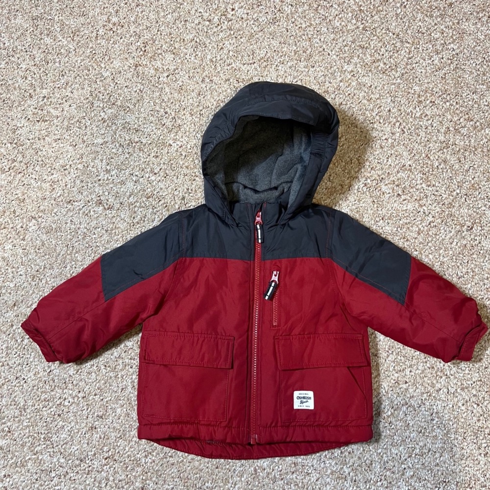 OshKosh B'gosh Kids Red Black Colorblock Fleece Lined Hooded Puffer Jacket 18M